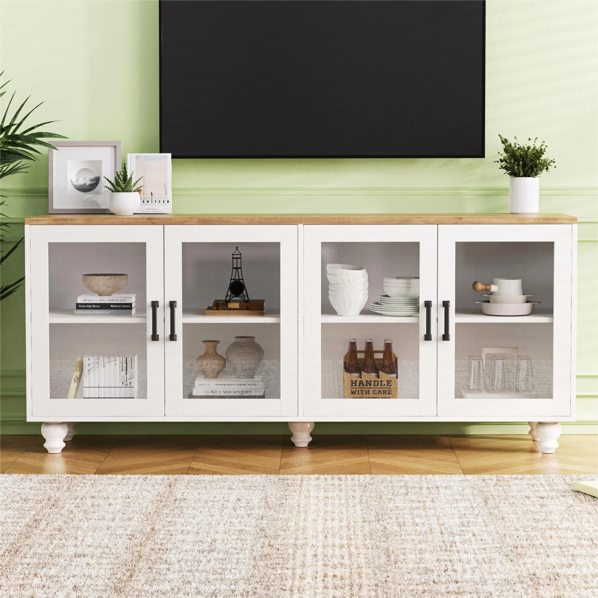 White+Walnut Farmhouse 63 TV Stand Cabinet with Tempered Glass Doors and Adjustable Shelves for TVs Up to 70