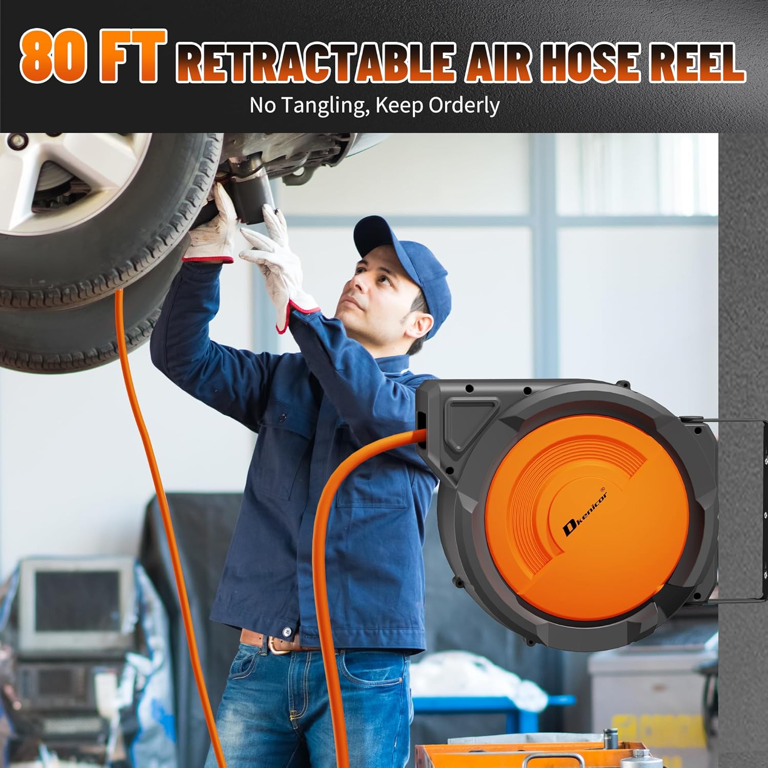 Retractable Air Hose Reel, 3/8 x 80ft Hybrid Hose, Auto Rewind Enclosed Air Compressor Hose Reel with 180° Swivel Bracket, Max 300 PSI Any Length Lock for Garage & Workshop