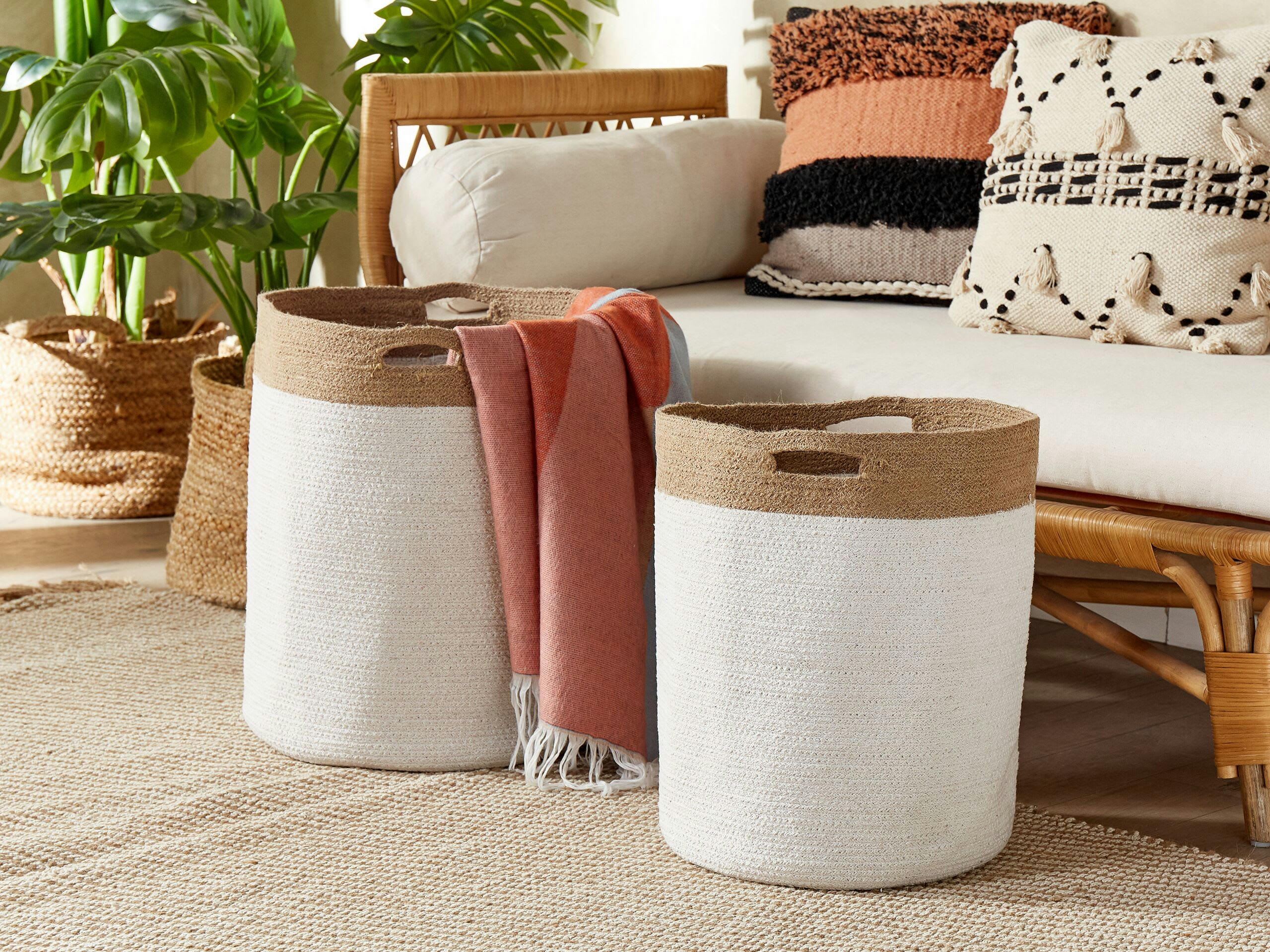 KARDH - Lot de 2 paniers en coton blanc et beige