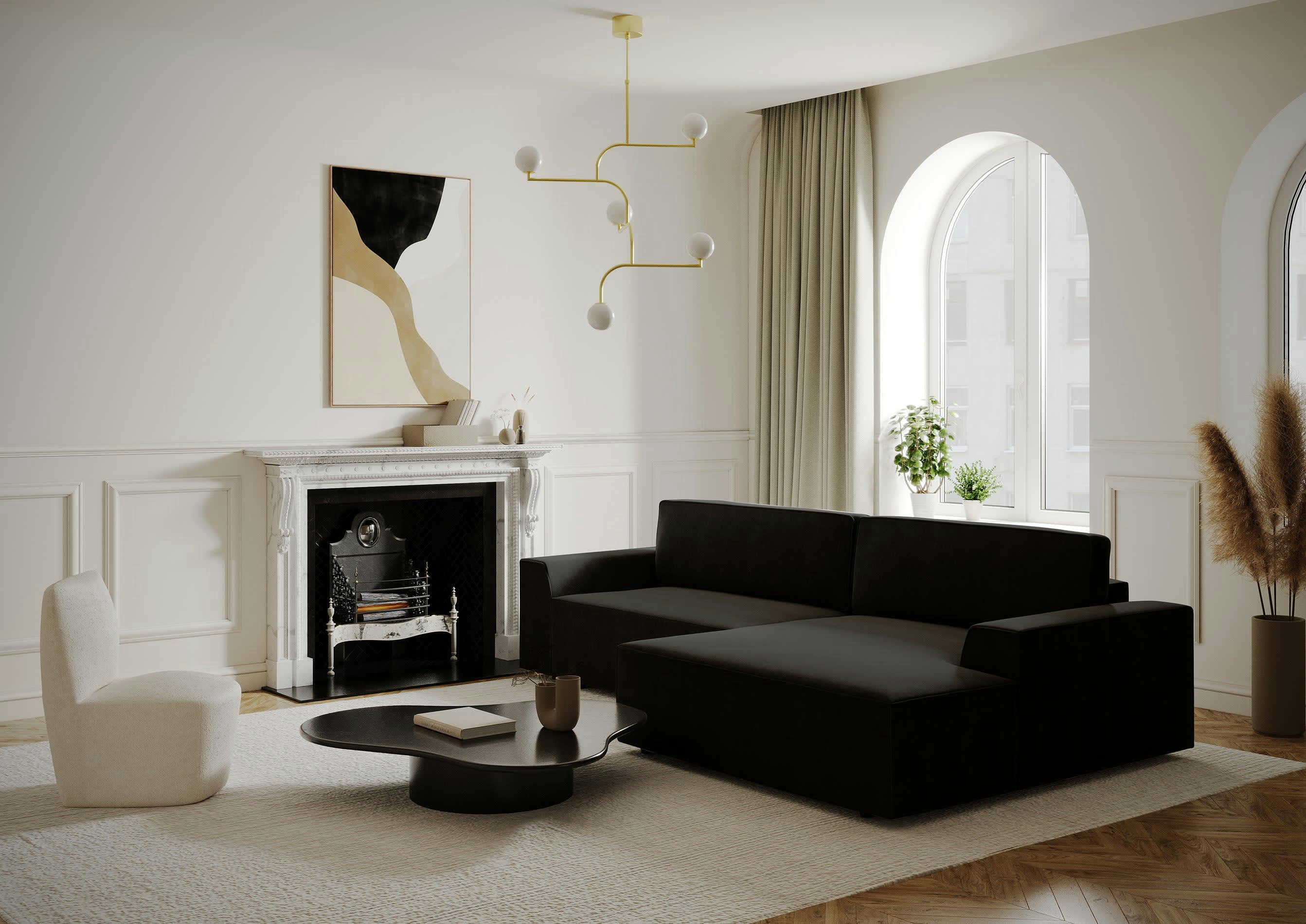 ELIOTT - Canapé angle droit convertible coffre velours noir 300x174cm