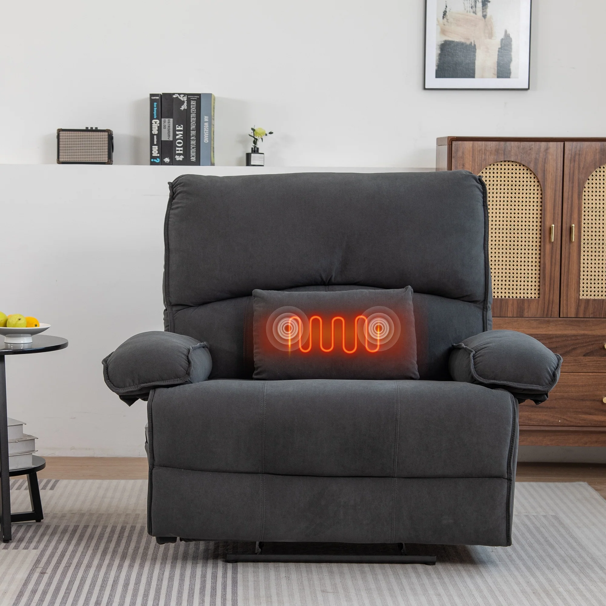 Extra-Wide Push-Back Recliner with Heated Massage Pillow and Plush Fleece Upholstery