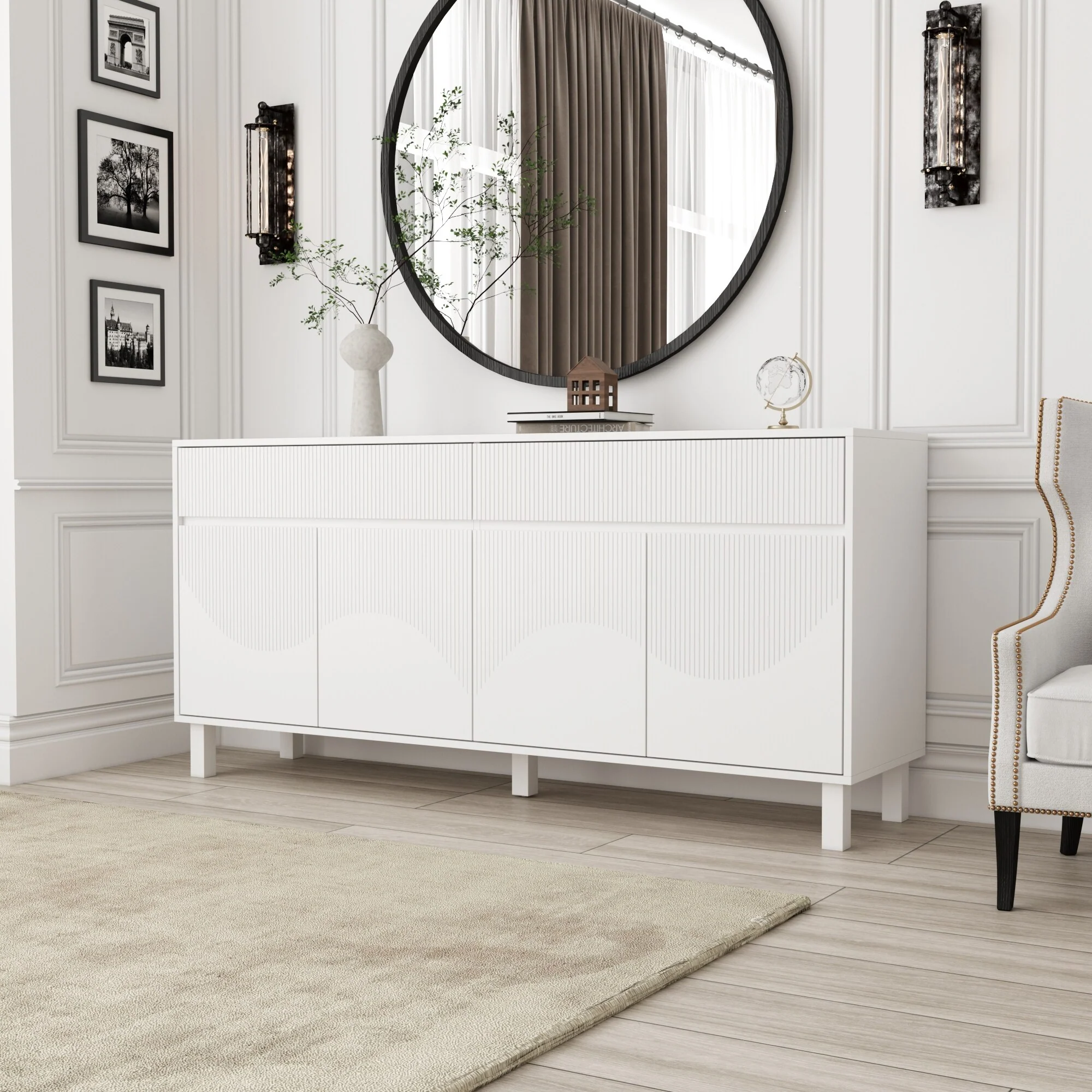 Buffet Sideboard White Floor Cabinet Elegant 63-Inch Storage Solution