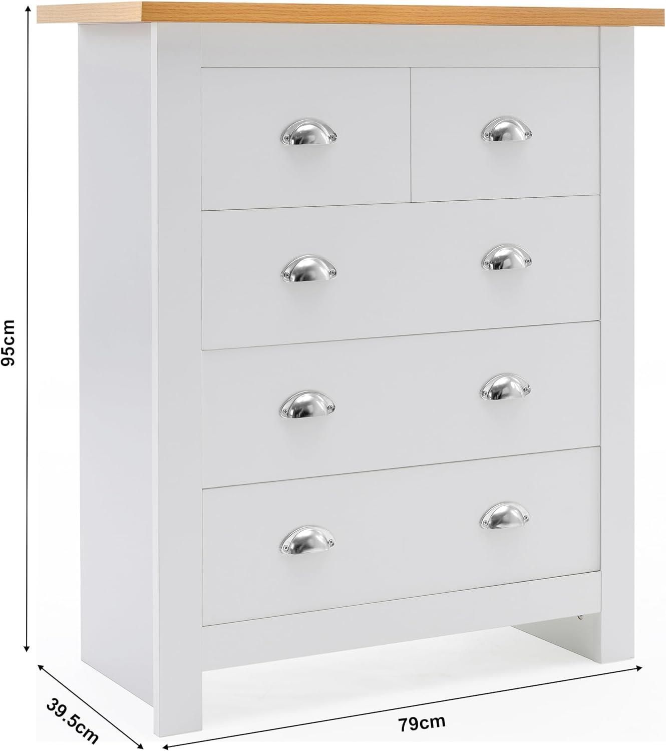 KOSY KOALA 5-Drawer Dresser with Light Wood Top, White Bedroom Storage Chest, Silver Handles, W79cm