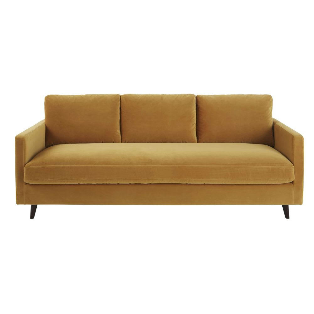 Kant - Canapé-lit 3/4 places en velours jaune ocre, matelas 10 cm
