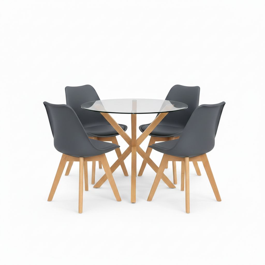 KOSY KOALA Round Glass Dining Table Set With 4 grey plastic Chairs Furniture