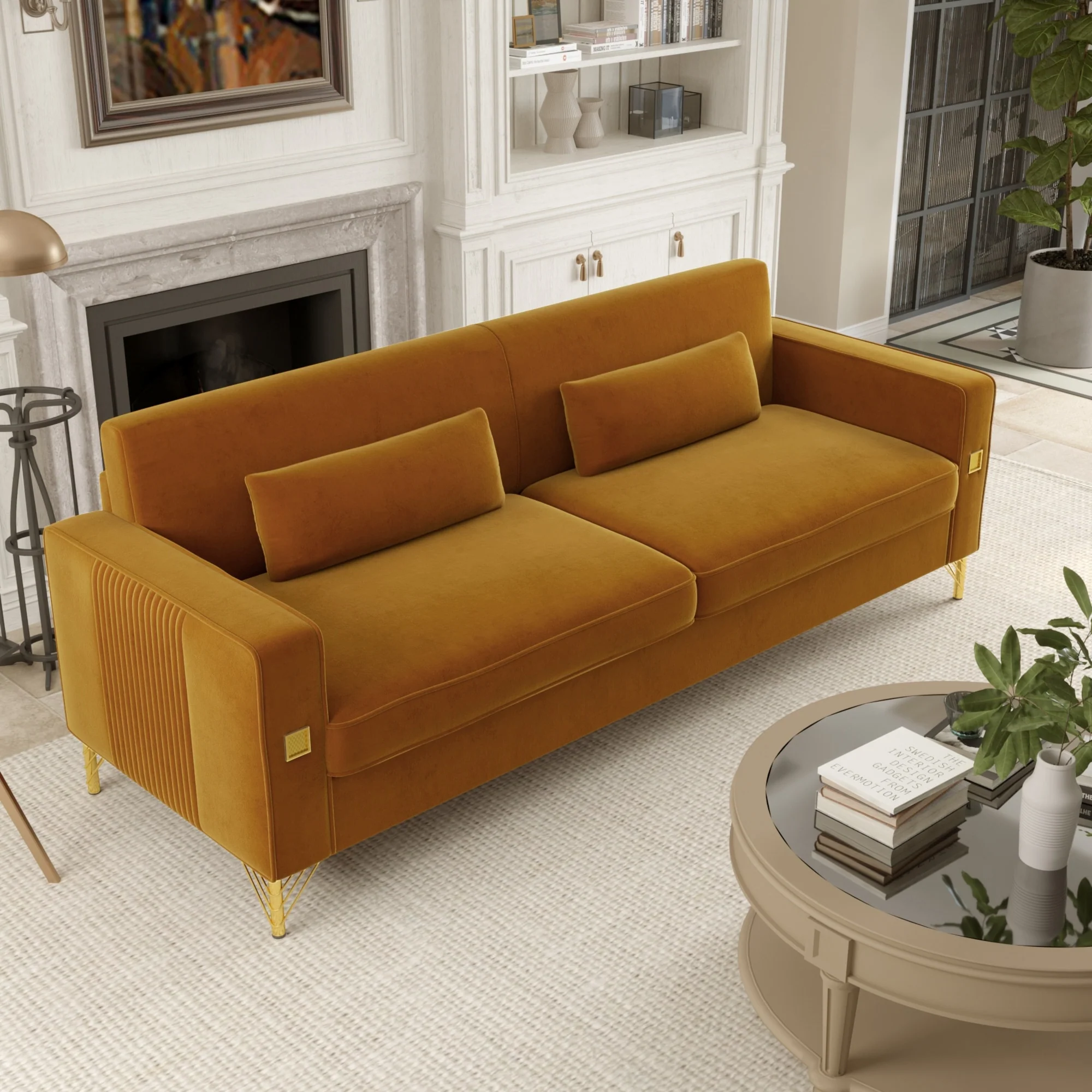 Orange Modern 85.63 Velvet 3-seater Sofa with Gold Accents and Plush Cushions for Living Room