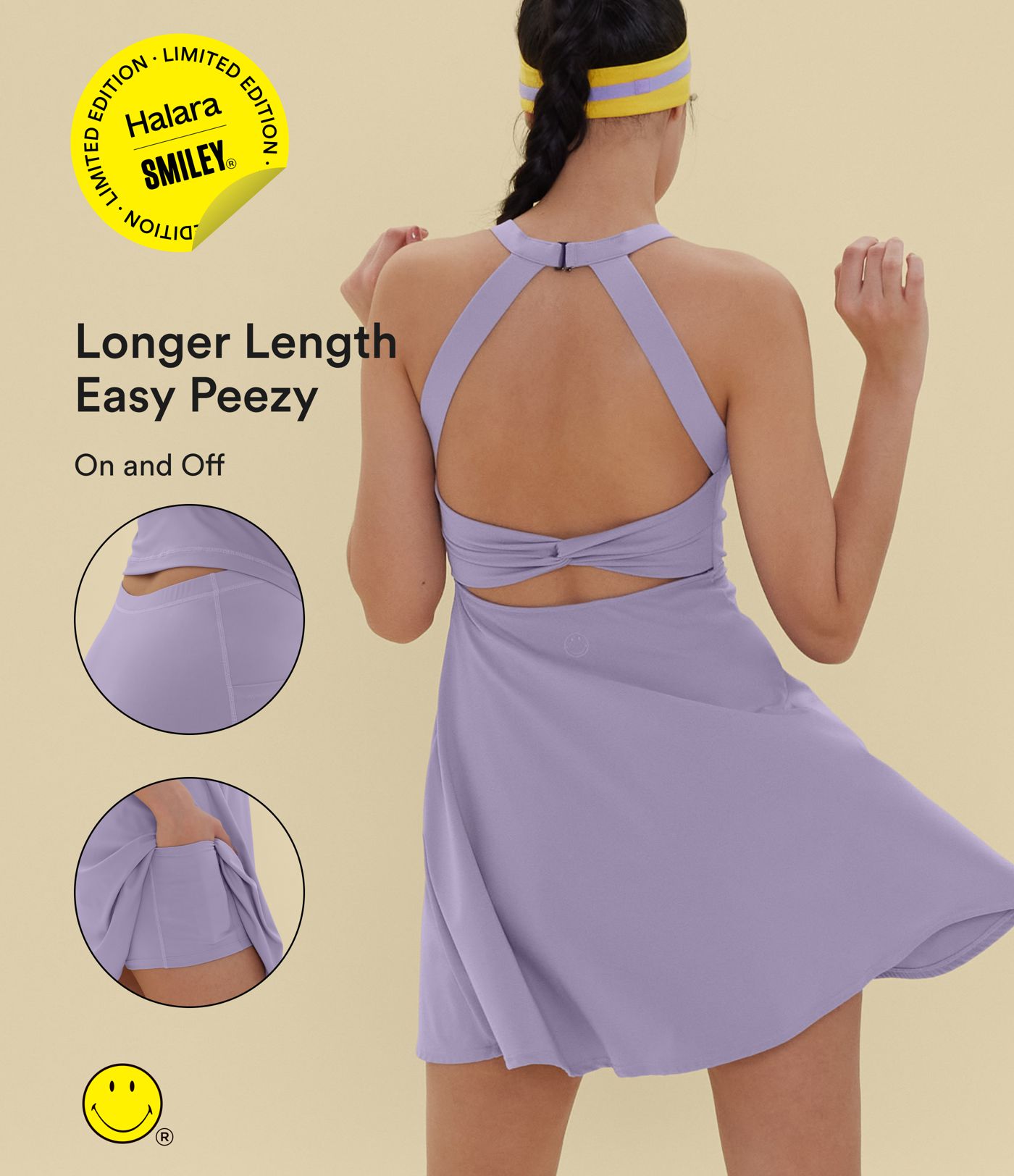 Robe sport évasée dos ouvert torsadé Halara X Smiley® SoftlyZero™ Airy avec poches – Longueur allongée – Édition Easy Peasy – Bonnets A à D