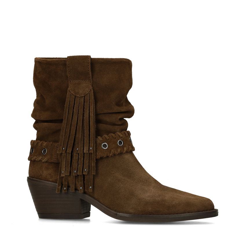 Manfield Bruine suède enkellaarsjes met boho details