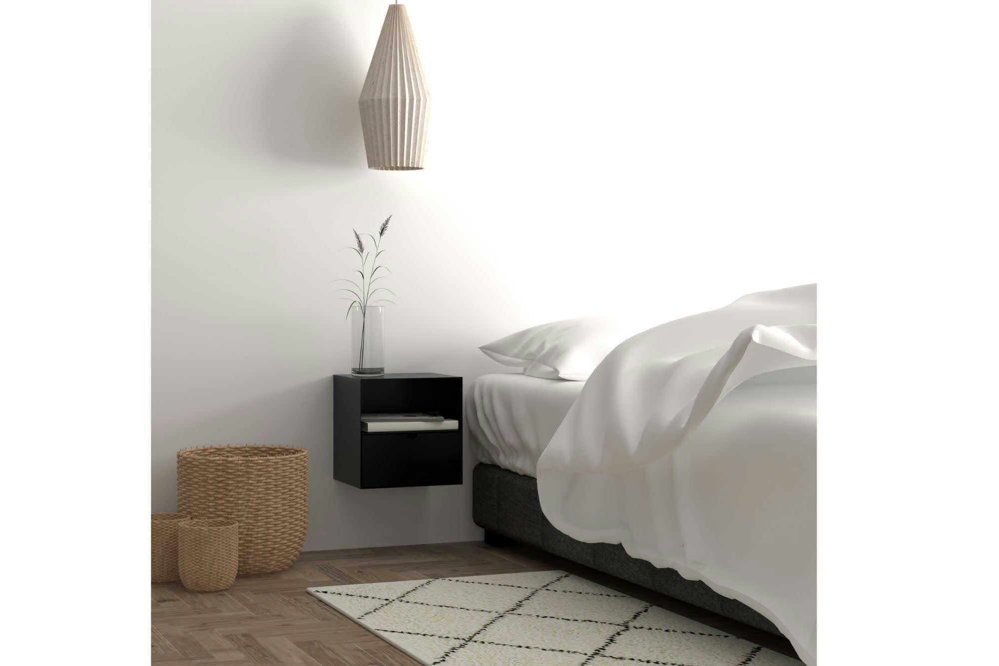 JANIE - Chevet suspendu cube en métal et bambou 1 tiroir 1 niche