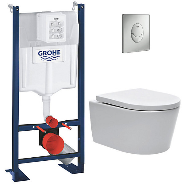 Grohe Pack WC Bâti autoportant   WC sans bride SAT   Abattant softclose   Plaque chrome mat (ProjectSATrimless-7)