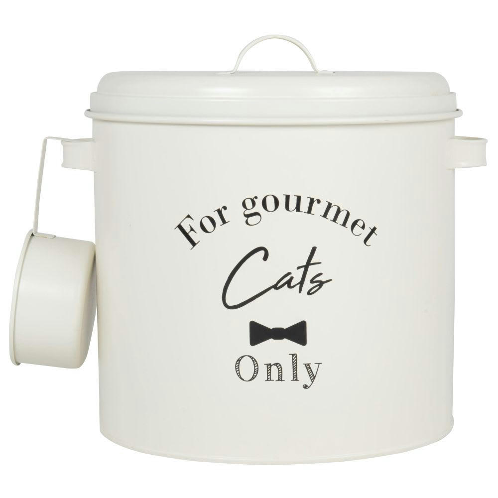 CLUB CAT - Boîte à croquettes en métal écru imprimé H30