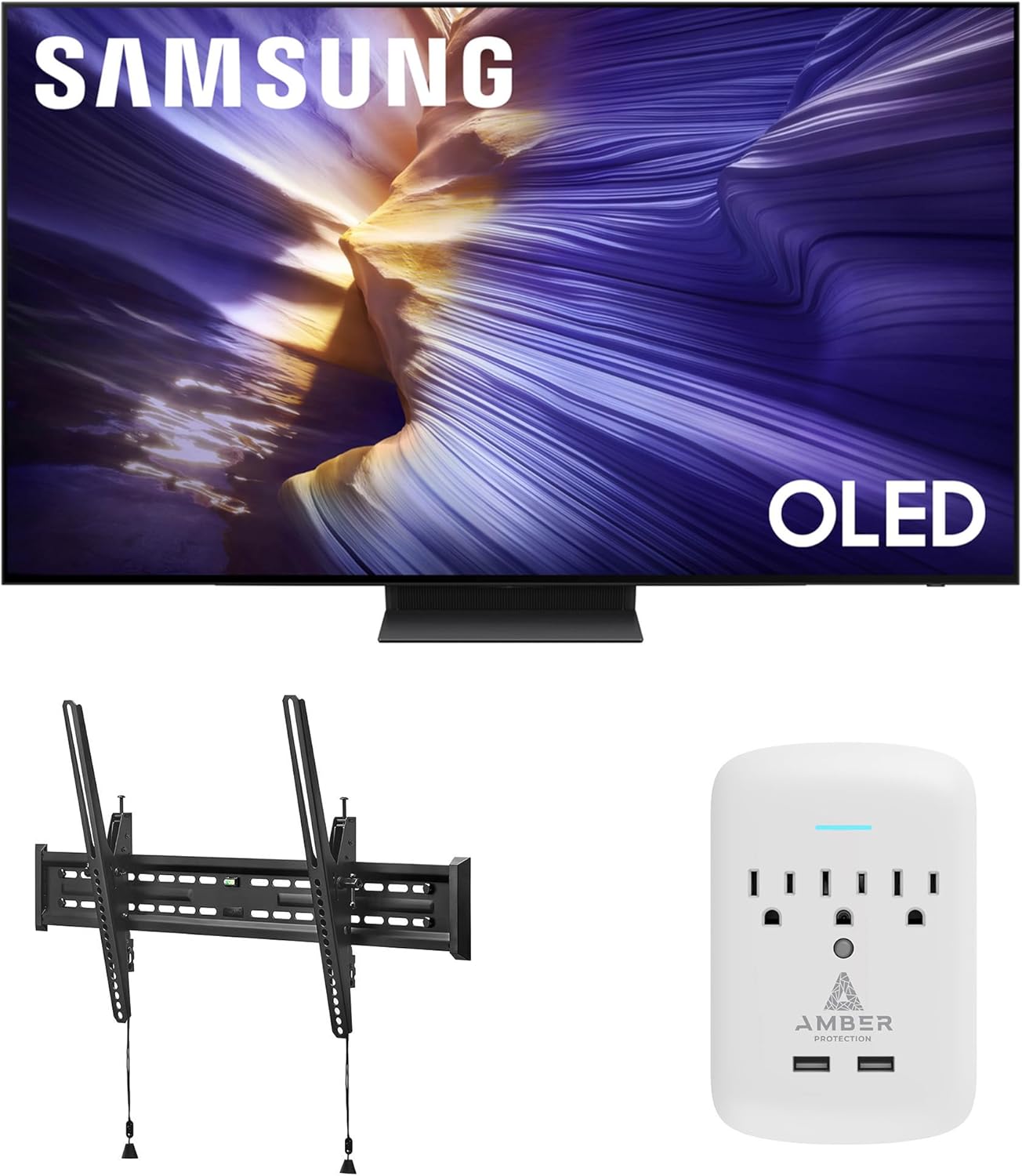 Samsung QN65S90FAFXZA 65 Inch 4K OLED Smart TV with a Walts TILT-MOUNT-43-90 Large/XL Tilt Mount for 43-98 TVs and Amber Protection 3-Outlet-Surge Surge Protector (2025)