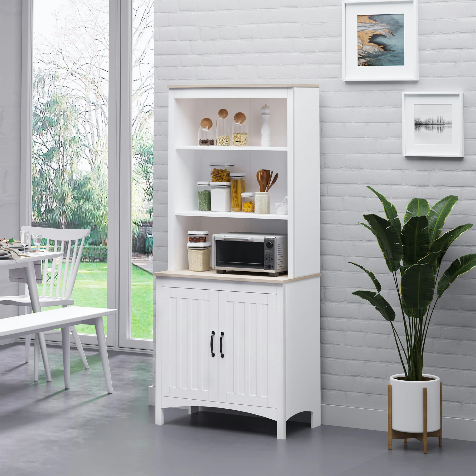 - Buffet haut 2 portes 3 étagères blanc aspect chêne clair