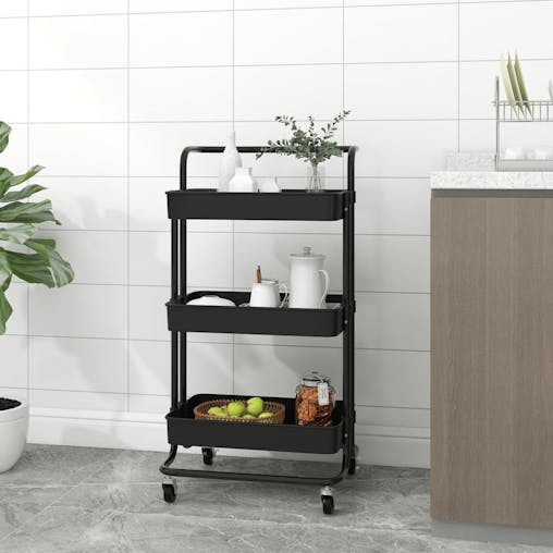 NNEVL 3-Tier Kitchen Trolley Black 42x25x83.5 cm Iron and ABS