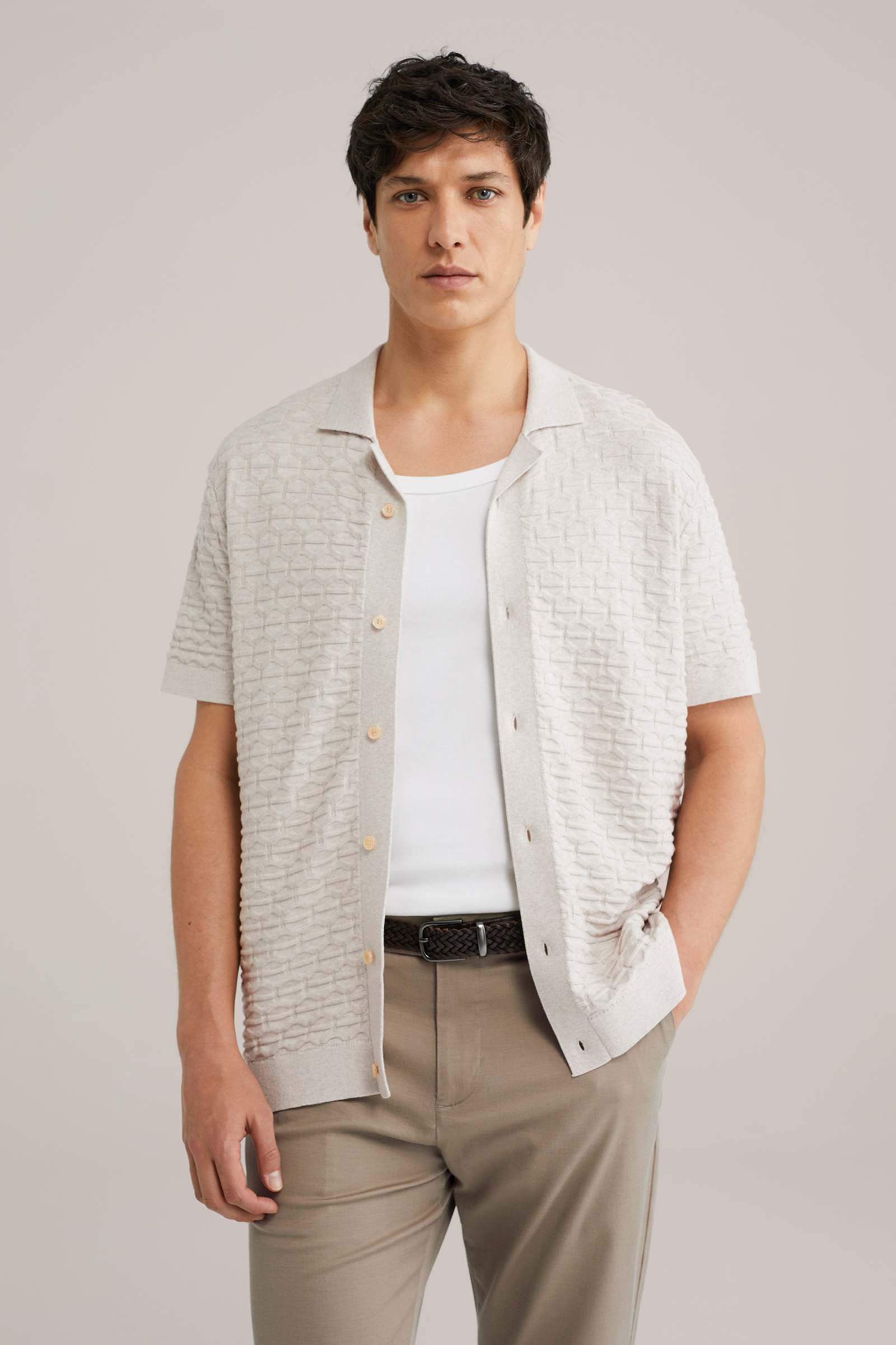 Heren Regular fit gebreid overhemd met structuur