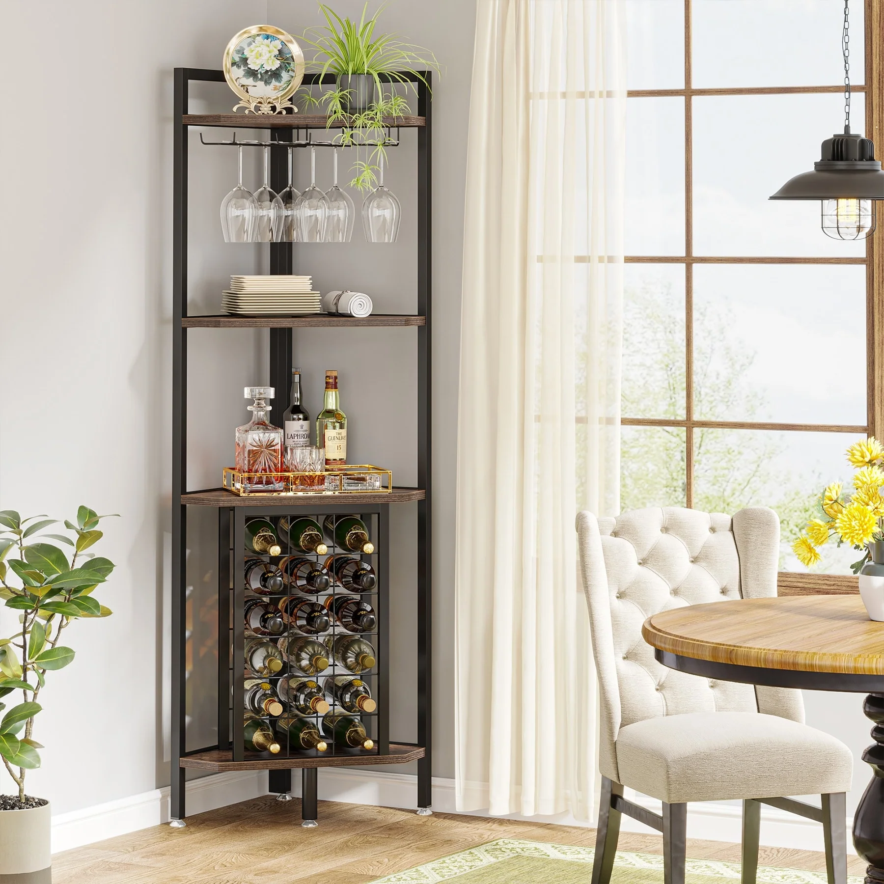4-tier Freestanding Corner Wine Rack with Glass Holder and Storage Shelves