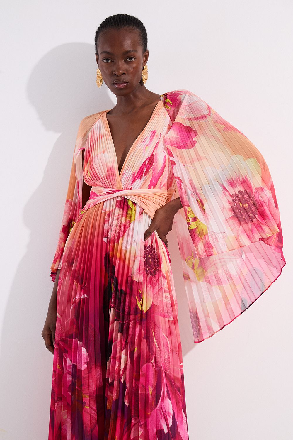 KarenMillen Ombre Floral Soft Pleated Woven Maxi With Cape Detail