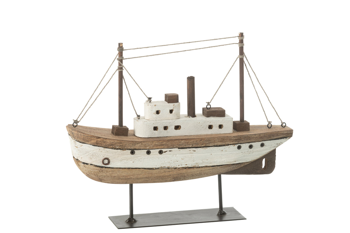 J-Line decoratie Boot Op Voet - hout - naturel/wit - large
