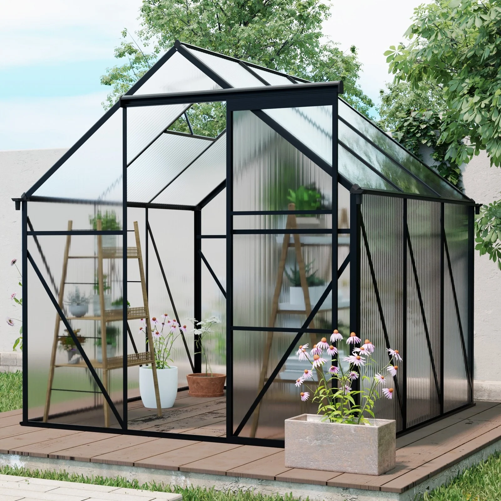 6X6FT-BLACK Polycarbonate Greenhouse Raised Base and Anchor Aluminum Heavy Duty Walk-in Greenhouses in All Season