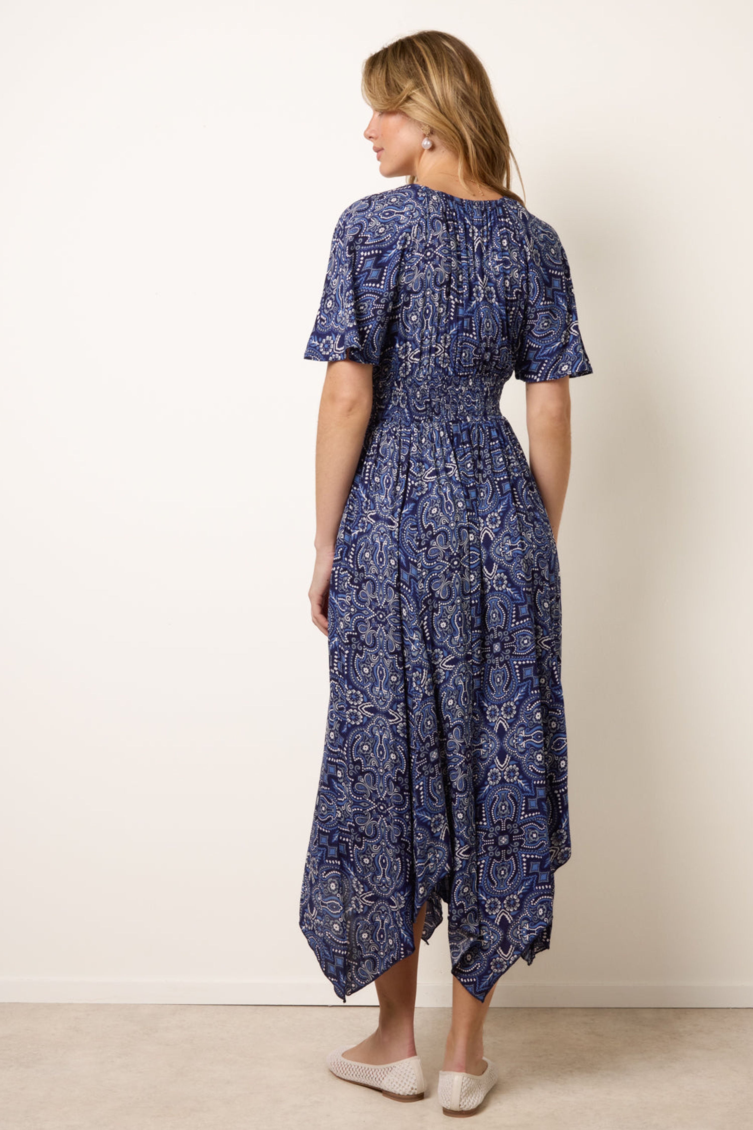 Blue Vanilla Navy Shirred Waist Hanky Hem Paisley Print Dress