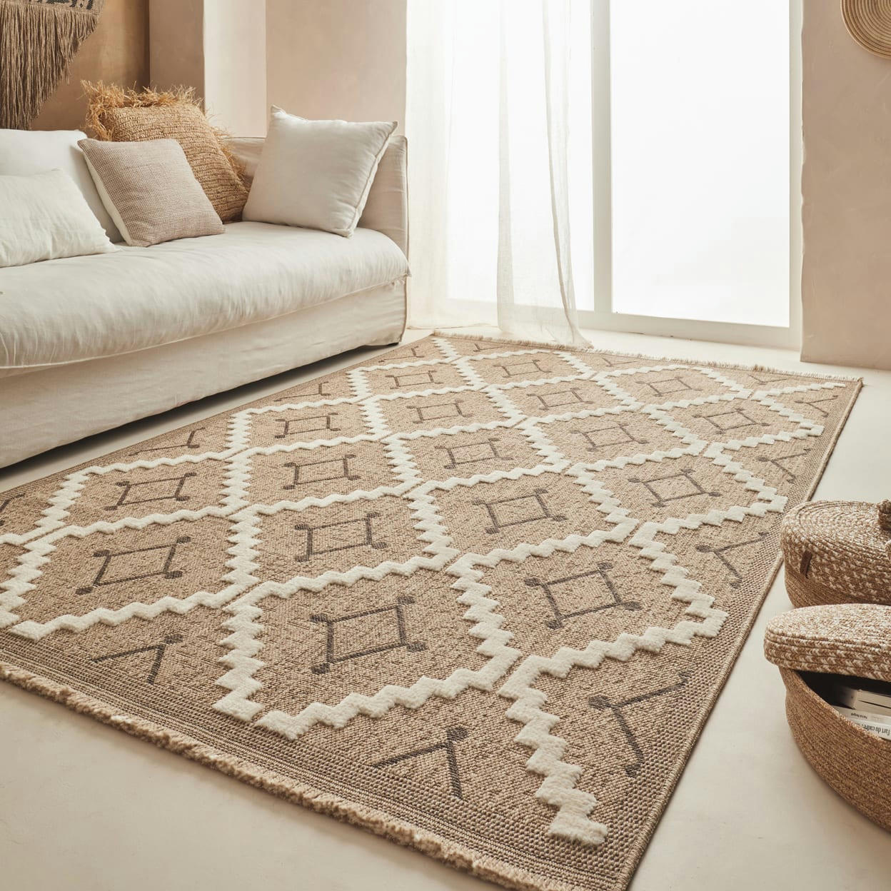 TULUM - Tapis intérieur et extérieur aspect jute géométrique marron-200x290