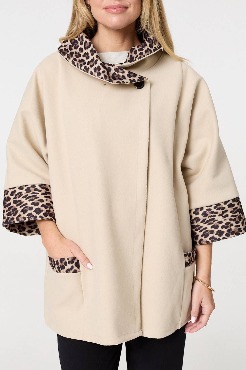 Izabel London Animal Print Trim 3/4 Sleeve Cape Coat