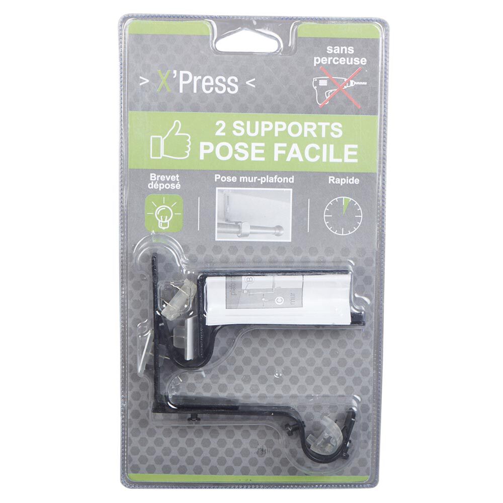 Support tringle Ø2 cm Noir pose facile Mur Plafond Sans Perceuse x2