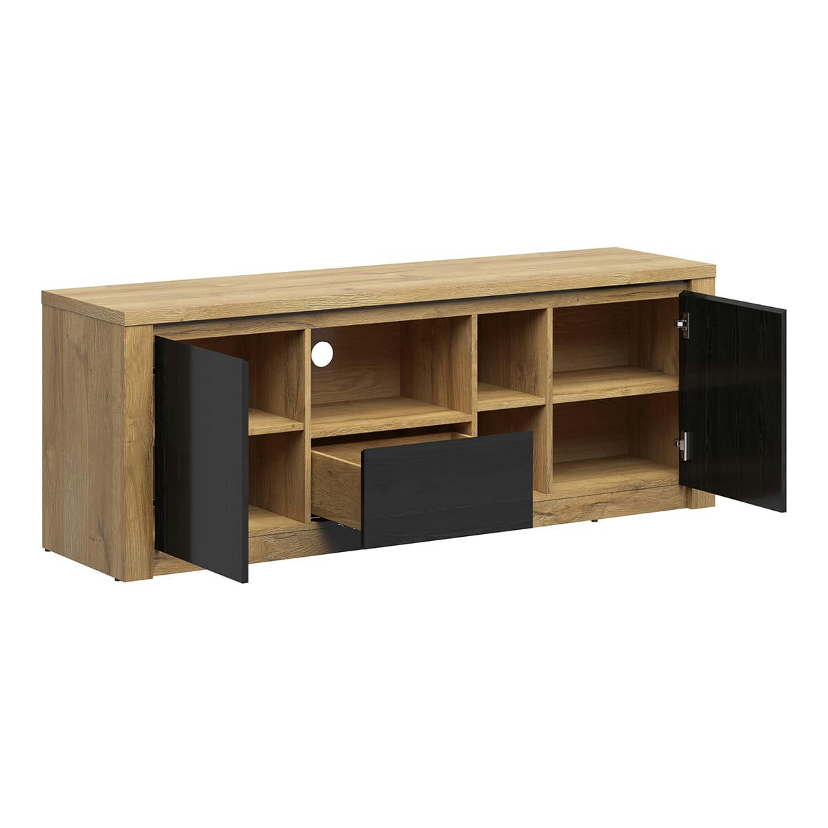 - Meuble tv 2 portes 1 tiroir 160 cm naturel et noir