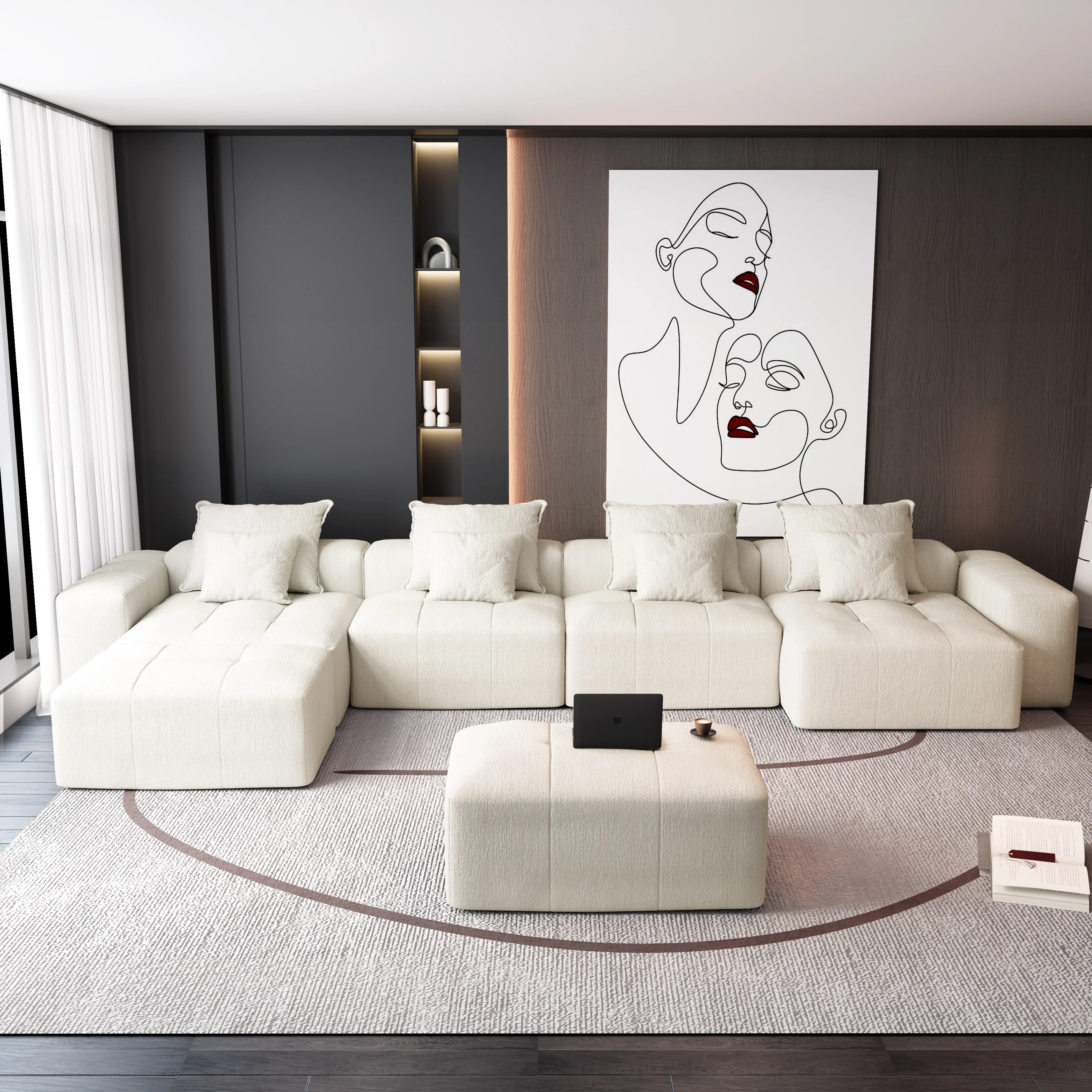 127 Oversized Modular Sectional Sofa,6 Seat Sparkling Chenille Fabric Soft Cushion Sofa with 8 Pillows,No Assembly Required