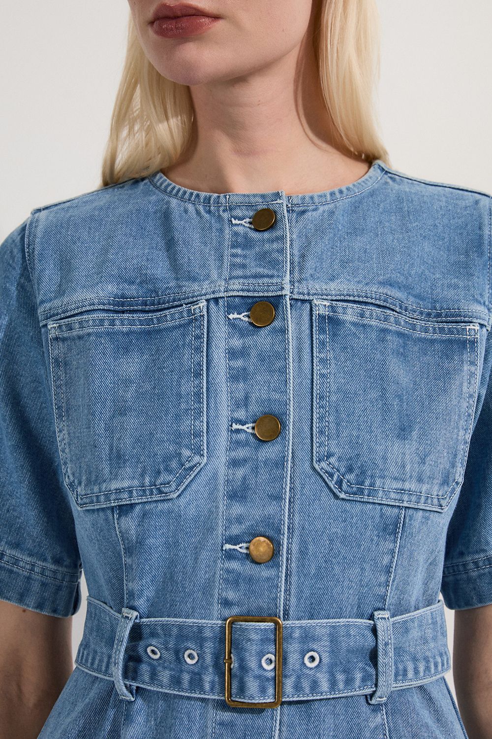 KarenMillen Petite Denim Soft Wash Short Sleeve Belted Midi Dress