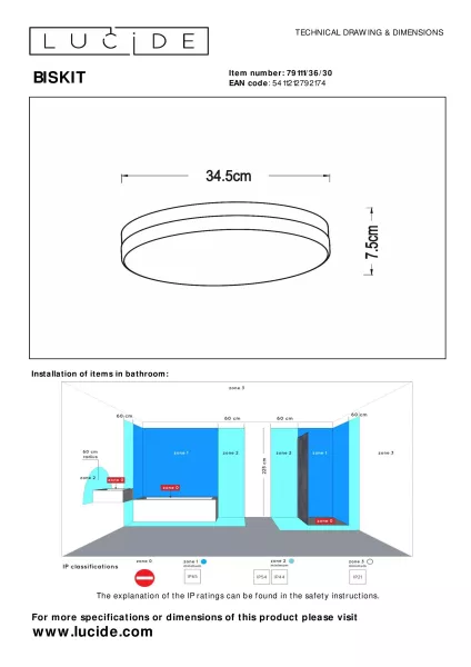 Plafon BISKITokrągły czarno-biały LED 1x24W 34,5cm 1550lm IP44 Lucide