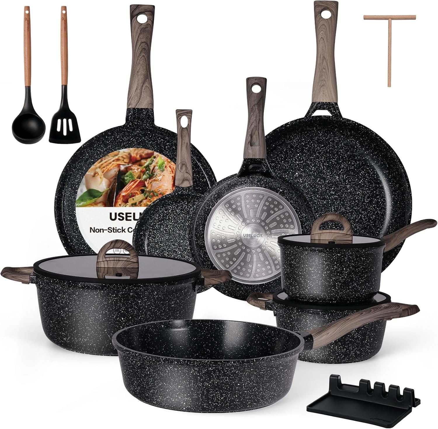 Ceramic Cookware Set 22 Piece Nonstick Pots and Pans Set Non Stick Kitchen Cooking Sets 8Frying Pans with Lid,Black Granite Non-Toxic Induction Kitchen Cookware w/Glass Lids PFOS/PFOA-Free