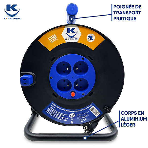 Enrouleur 50M 3G1.5 IP20 avec 4 Prises à Clapet, Robuste et Idéal pour Usage Intensif en Intérieur