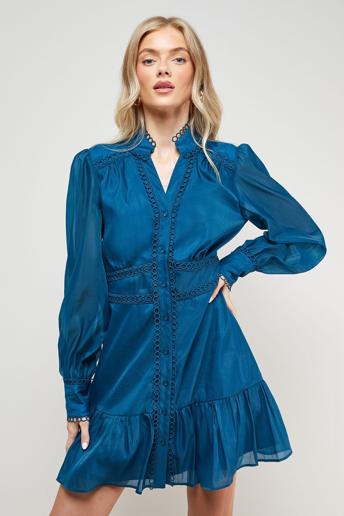 Oasis Organza Lace Trim Shirt Mini Dress