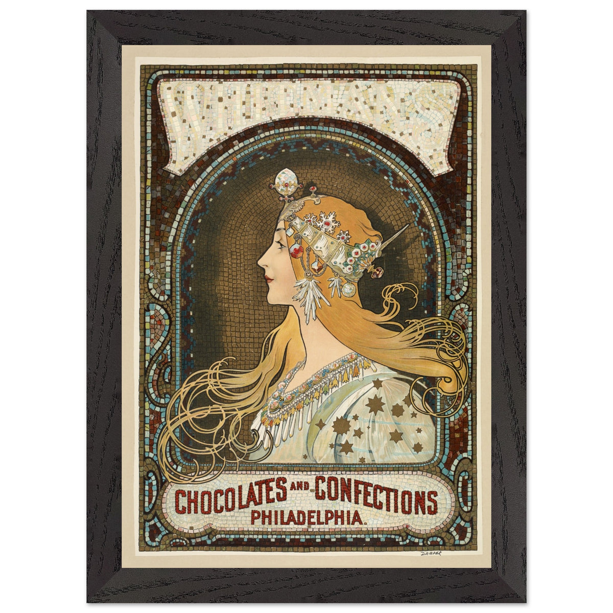 Artfulprints Poster met Lijst Alphonse Mucha - Chocolates and confections Philadelphia  - A4 21x29.7 cm - Bruin