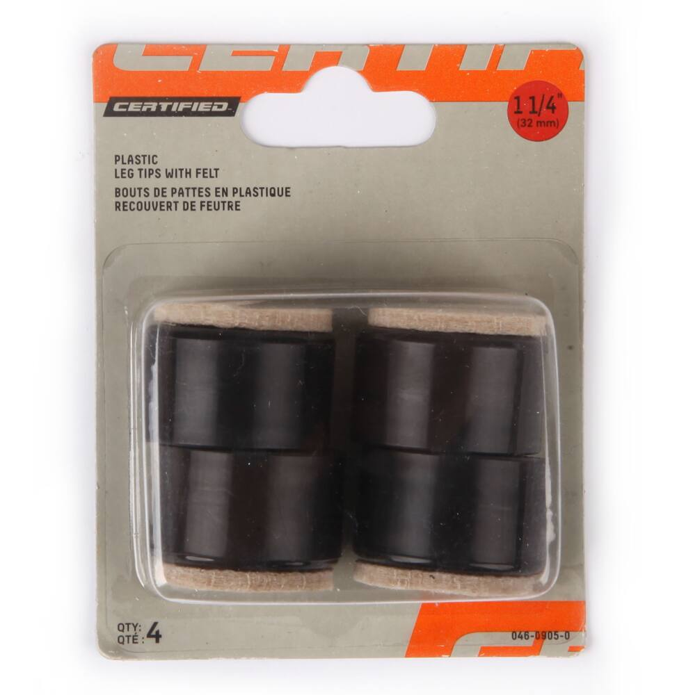 Certified Plastic Leg Tips With Felt, For Vinyl/Ceramic/Hardwood/Laminate Flooring, 1-1/4-in, Black, 4-pc