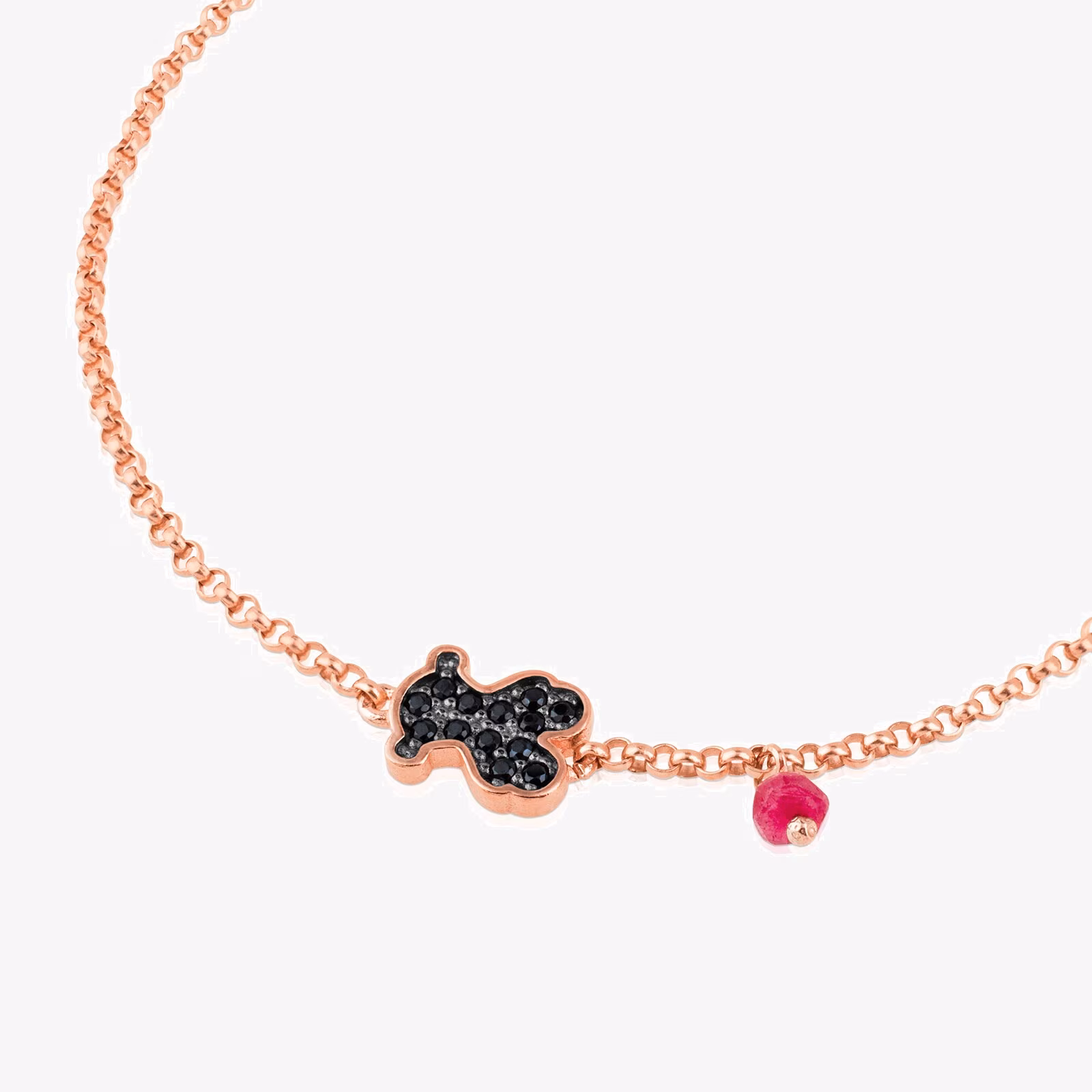 Pulsera con baño de oro rosa 18 kt sobre plata, espinela y rubí tratado motivo oso Motif
