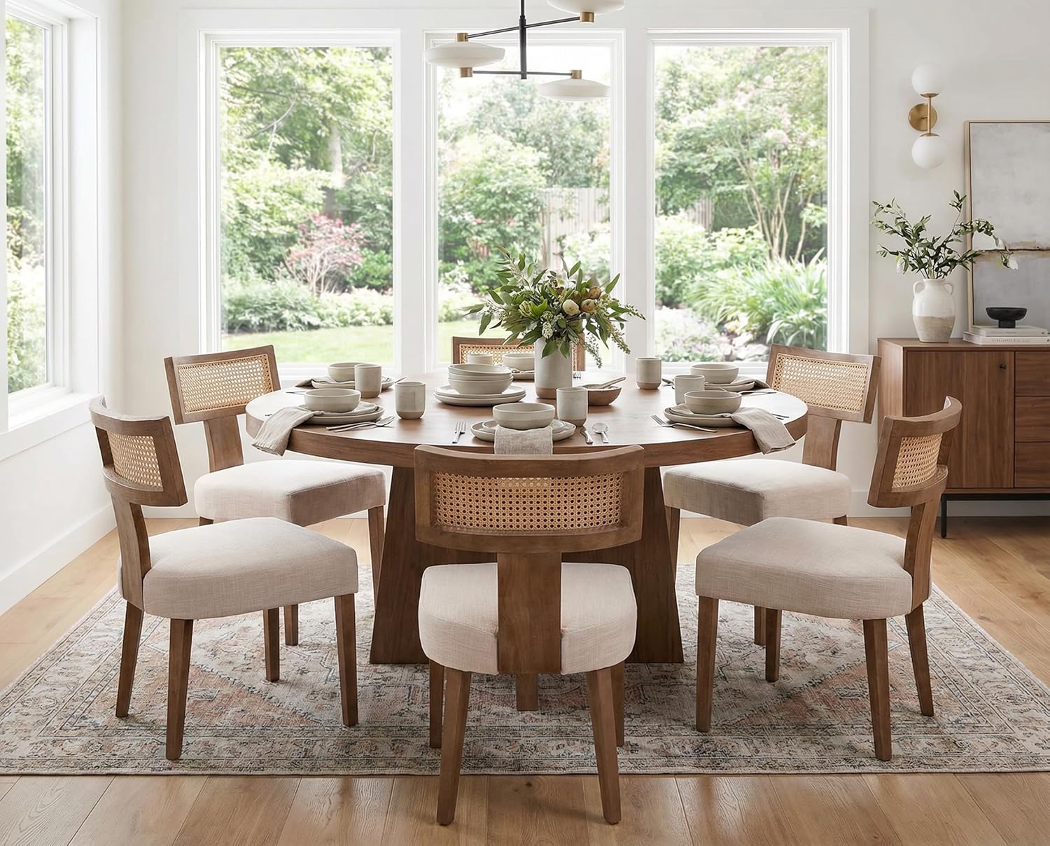 RIVOVA Rattan Dining Chairs Set of 6, Modern Dining Chair Kitchen Dining Room Chairs, Curved Cane Back Upholstered Linen Fabric Dining Chair with Wood Frame, Beige