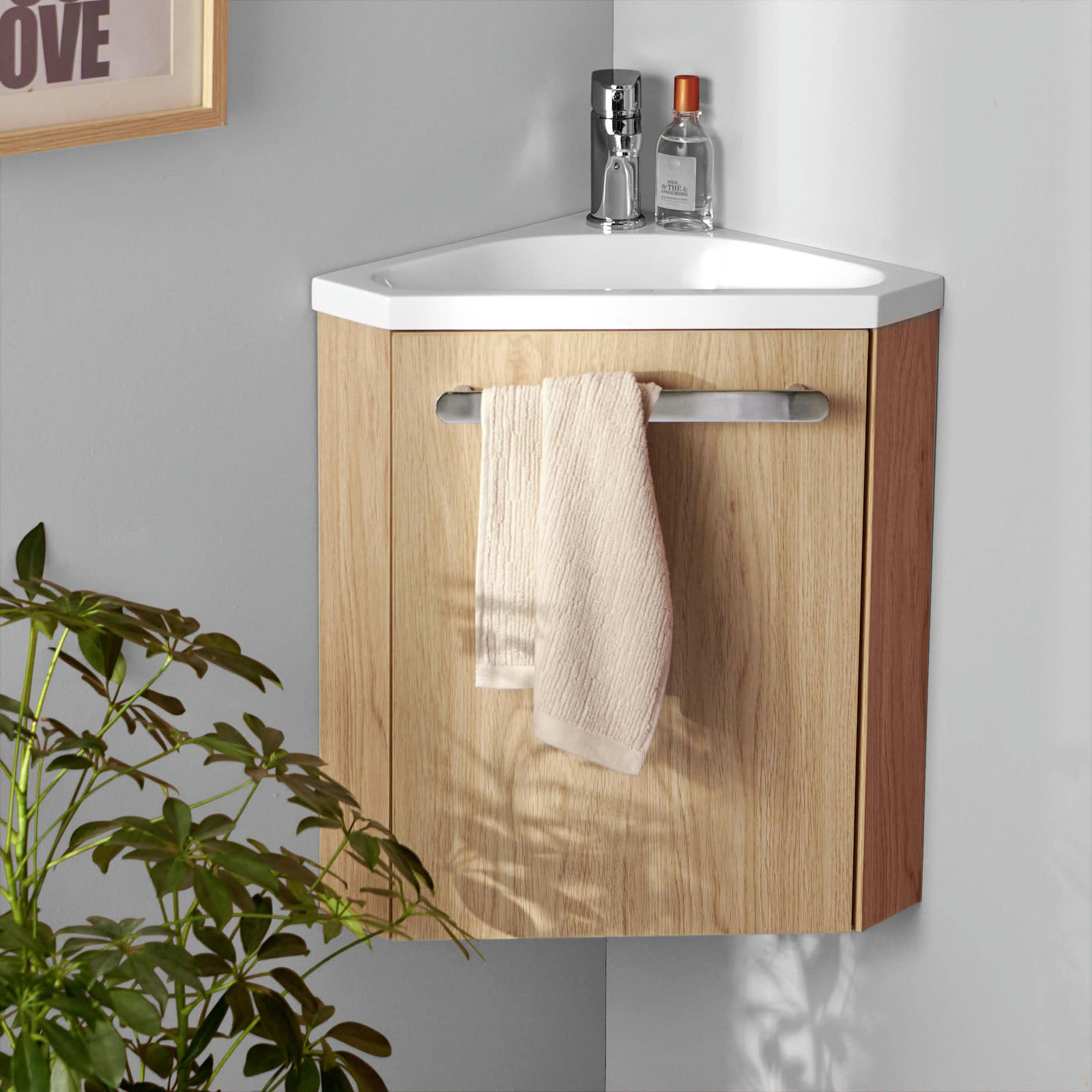 SKINO - Meuble lave-mains  décor chêne avec vasque blanche + robinet chromé
