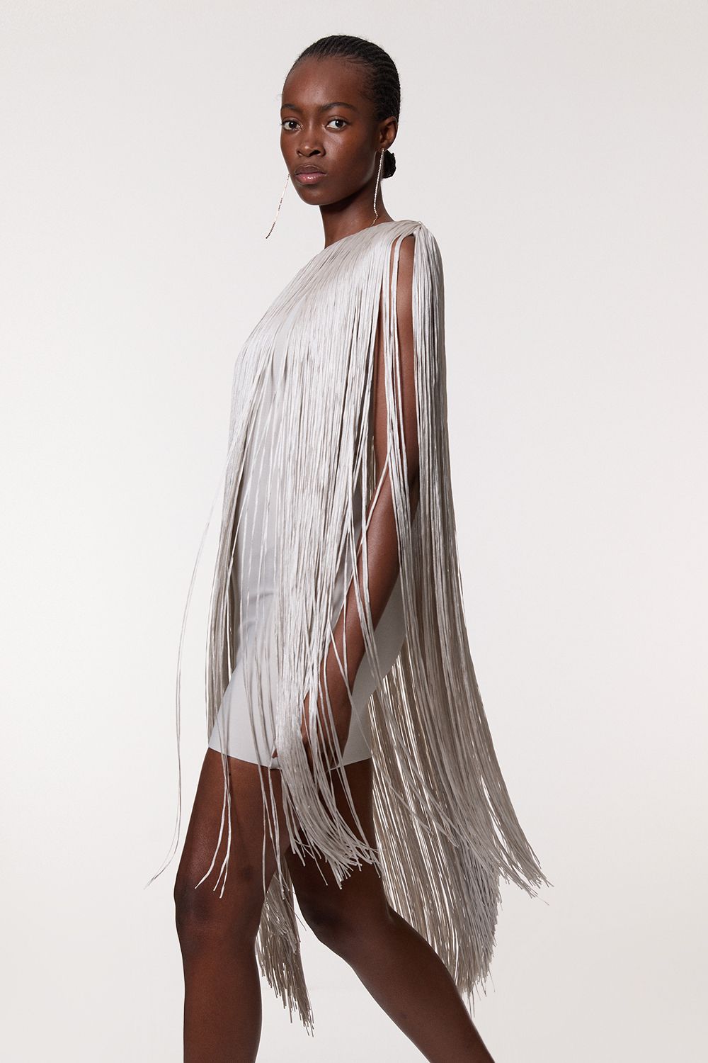 KarenMillen Petite Figure Form Bandage One Shoulder Fringe Mini Knit Dress