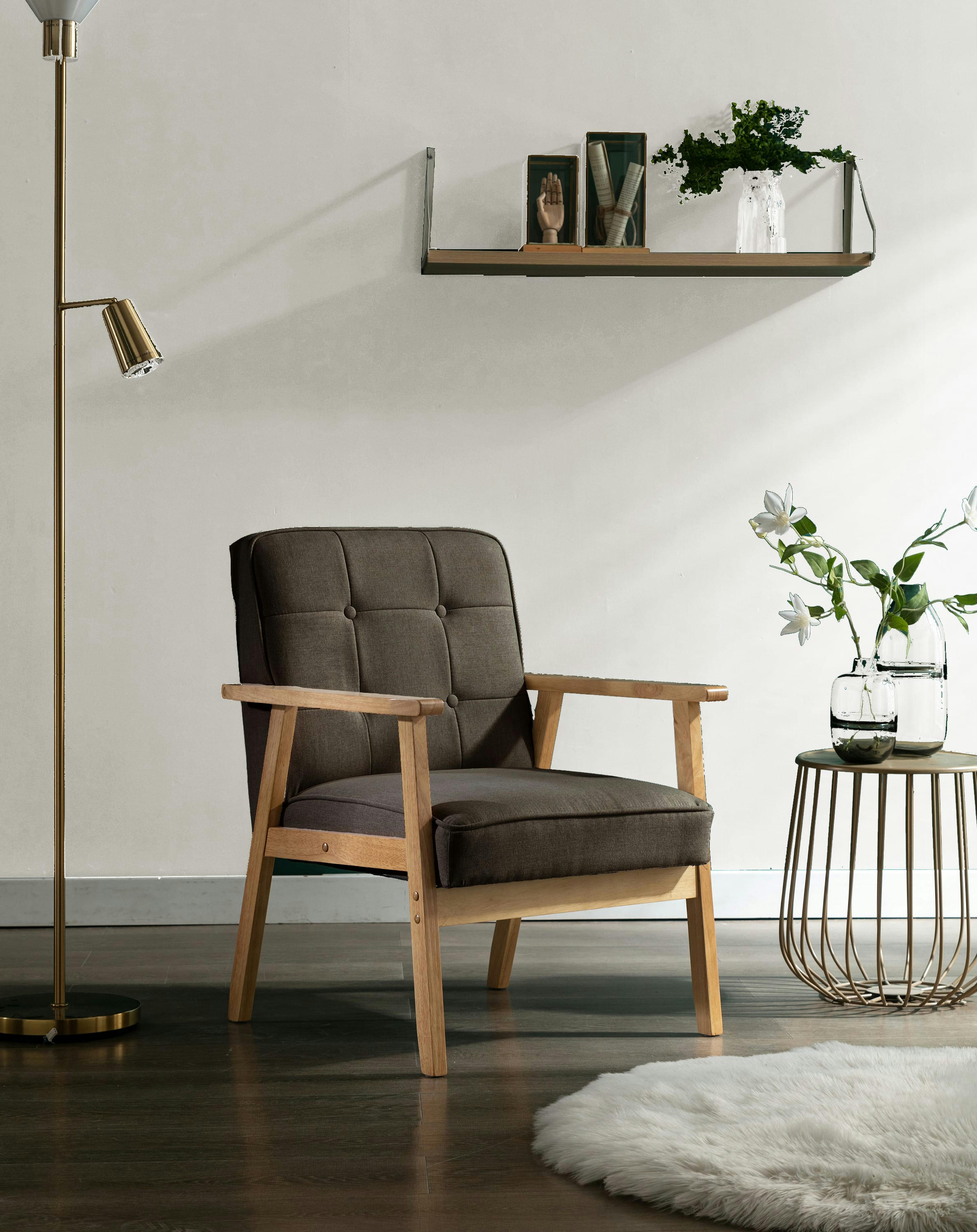 - Fauteuil lounge Taupe et pieds hévéa naturel