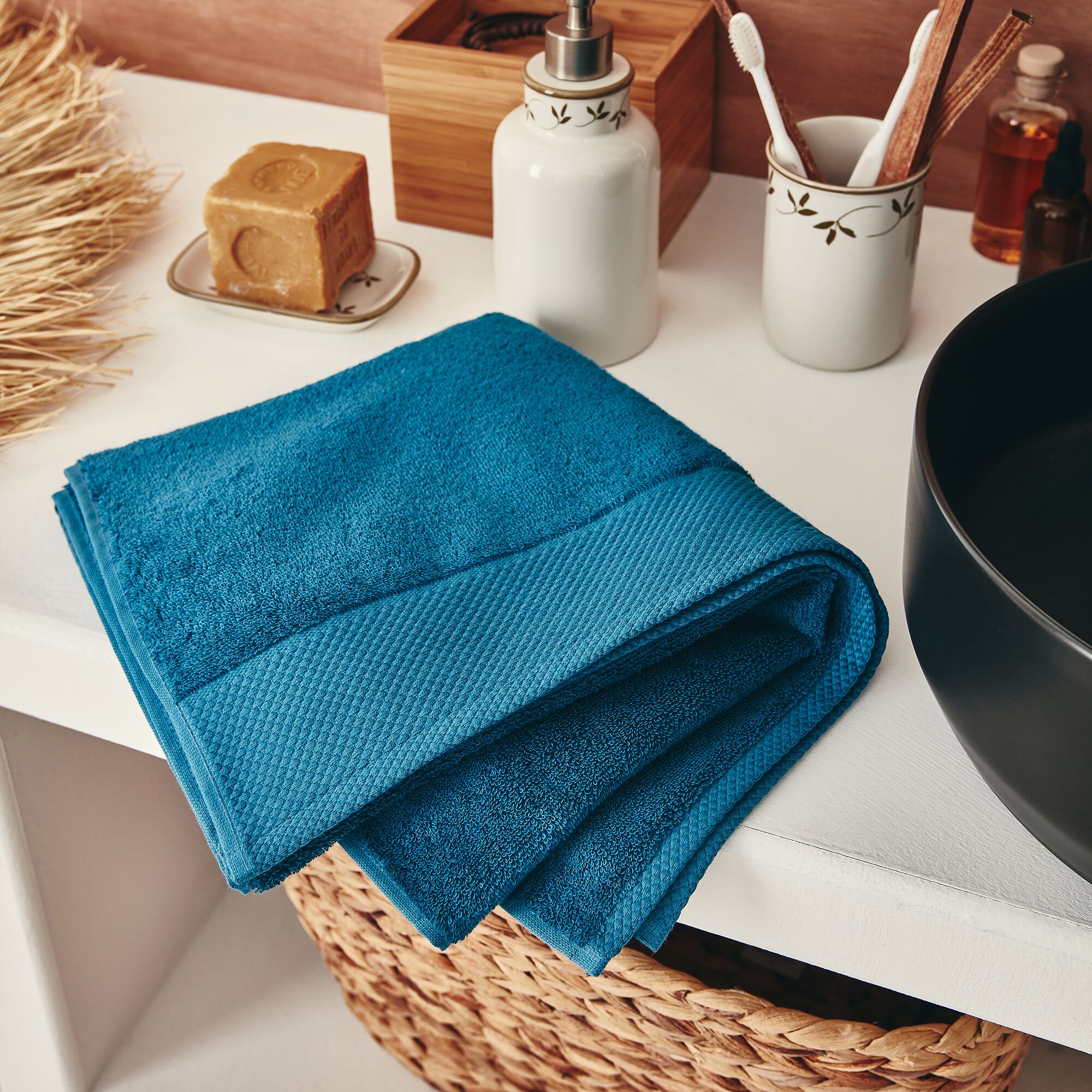 AZUR - Linge de toilette en coton peigné- bleu figuerolles