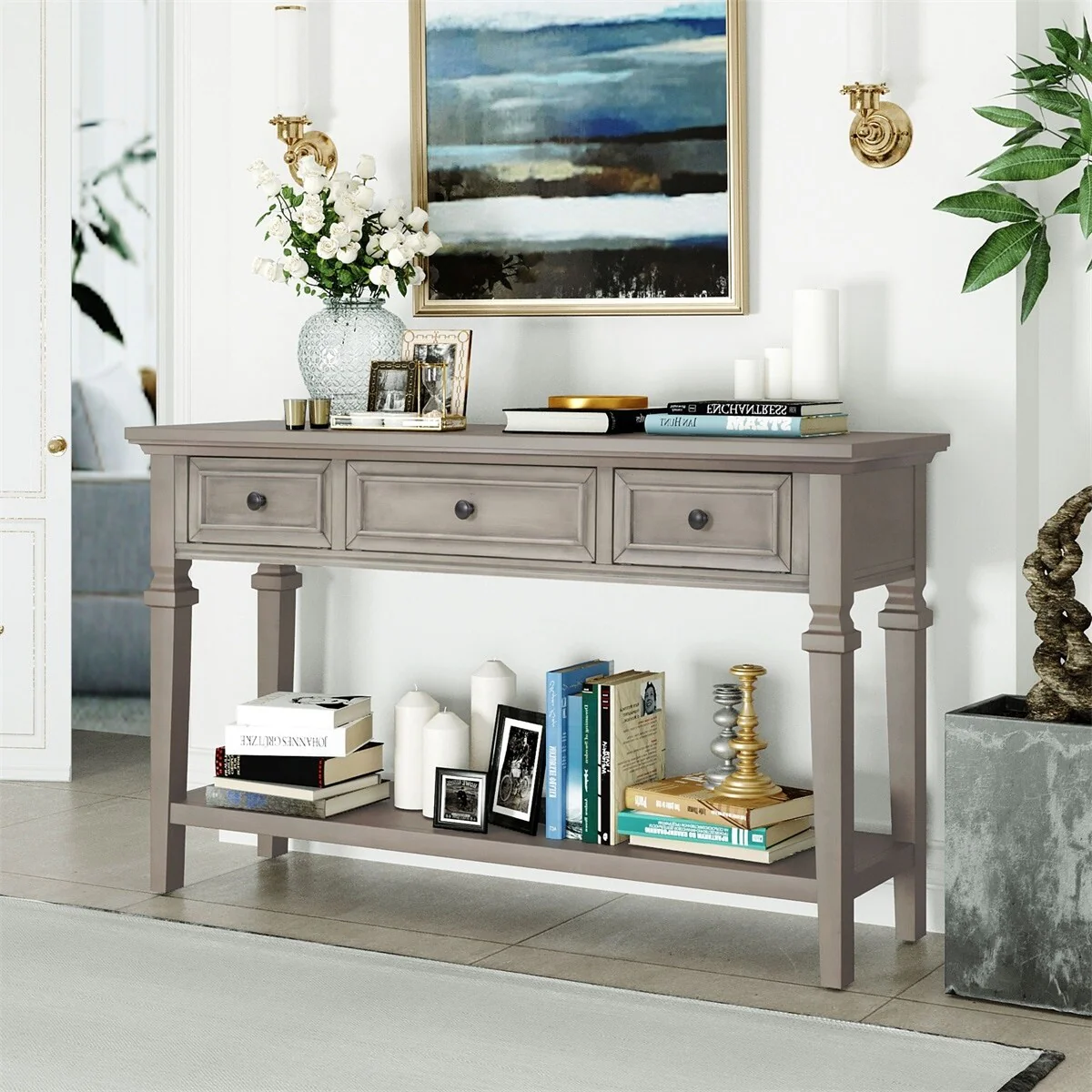 Merax Retro Style Console Table with Three Top Drawers and Bottom Shelf