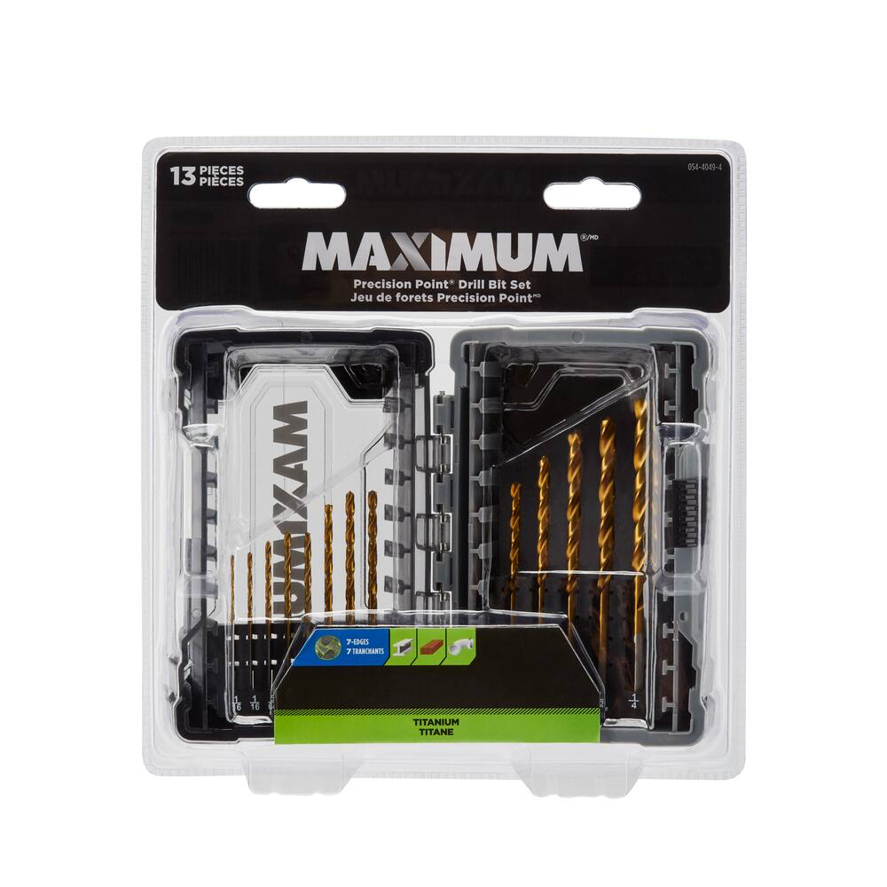 MAXIMUM Precision Point  7-edge Titanium Drill Bit Set for Wood, Metal, Plastic, 13-pc