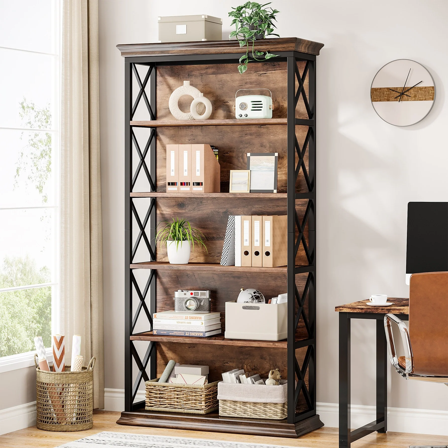 71 Inches Industrial Bookshelf, 6-Tier Bookcase Bookshelves, Freestanding Display Storage Shelf for Home Office