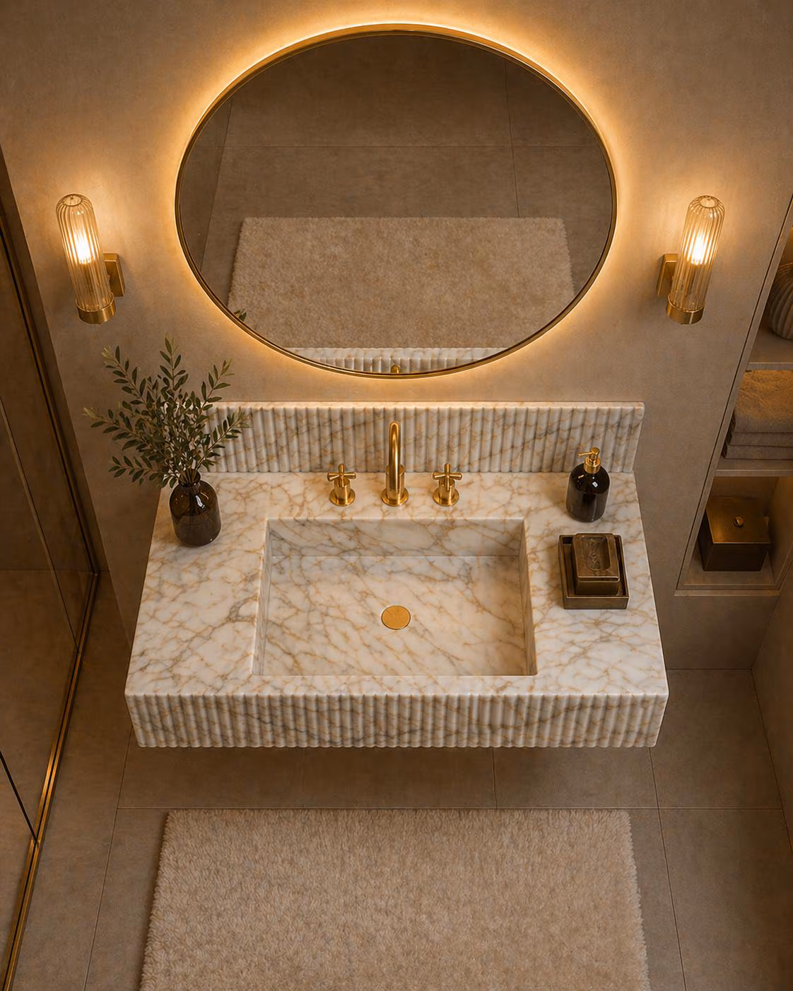 Luxury Calacatta Gold Marble Sink with Backsplash, Custom Size Handcarved Fluted Bathroom Wash Basin