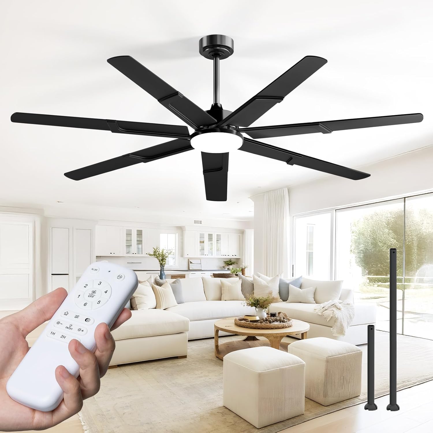 Amico Ceiling Fans with Lights,66 inch Black Ceiling fan with Light and Remote, 6 Speed Reversible DC Motor, 3CCT, Dimmable, Quiet, Timer, Large Modern Ceiling Fan for Living room, Indoor/Outdoor