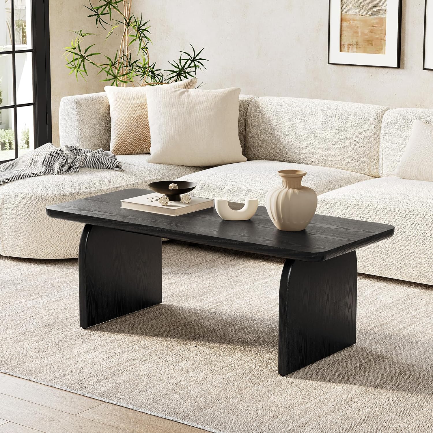 LITTLE TREE Farmhouse Coffee Table, 47 Inches Wooden Center Tables with Rounded Corners, Rectangular Living Room Tables, Modern Low Cocktail Tea Furniture for Living Room (Black)