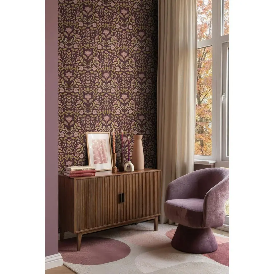 ESTAhome behang vintage bloemen donker paars en groen - 50 x 900 cm