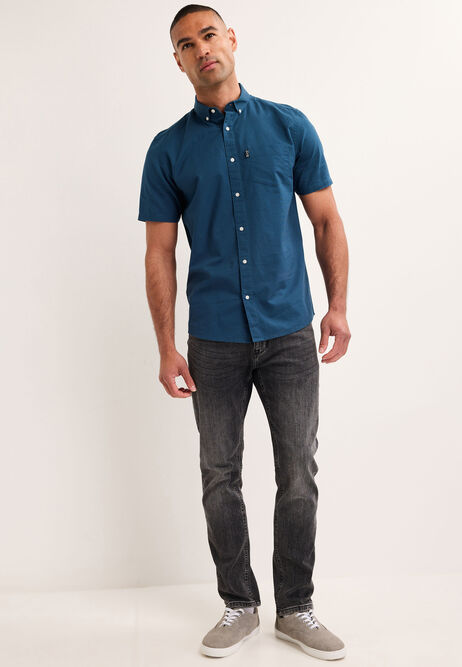 Mens Teal Cotton Oxford Short Sleeve Shirt
